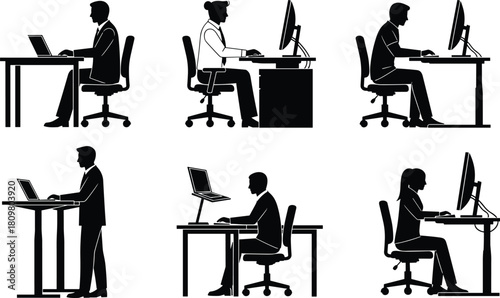 Office worker silhouettes sitting and standing at desks, computer workplace ergonomics, correct posture, vector illustration set, business people working, side view