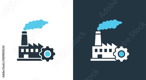 Factory with gear and smoke stack icons - Vector icon symbol for website - Icon vector - Blue icon vector - Line and glyph solid icon and logo template