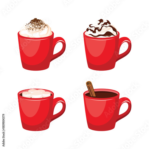 Hot chocolate with whipped cream in a red mug icon set vector. Hot cocoa drink with marshmallows, cinnamon, whipped cream collection. Red cup of coffee icons on a white background