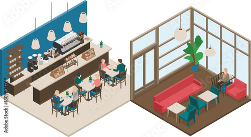 Isometric 3D illustration of modern coffee shop interior with counter, tables, chairs, bar stools, and cozy lounge seating