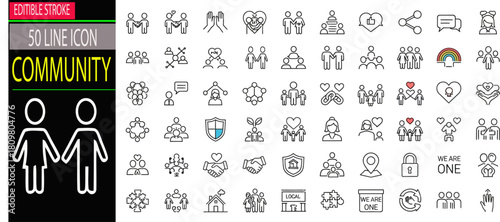 Community line icon set, unity, connection, love, relationship, bonding and social cnnection.eps