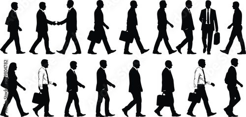 Set of business people silhouettes walking, shaking hands, men and women professionals carrying briefcases, isolated vector style corporate background.