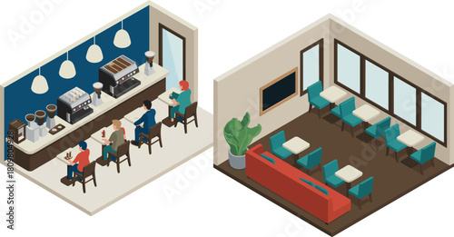 Isometric 3D illustration of modern coffee shop interior with counter, tables, chairs, bar stools, and cozy lounge seating