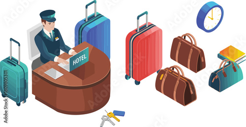 Isometric illustration of hotel receptionist at front desk with luggage, travel bags, clock, and guest check-in scene