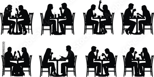 Set of couples sitting at restaurant tables, men and women dining, talking and dating, black and white silhouette vector illustration