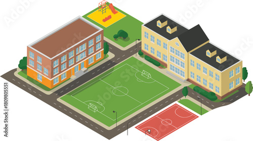 Isometric 3D illustration of modern school campus with classroom buildings, green football field, and landscaped trees for education design