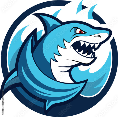 Aggressive blue shark illustration with sharp teeth isolated on white background