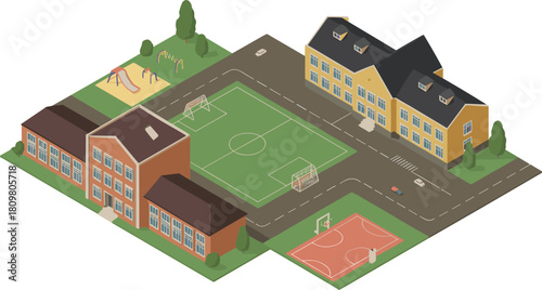 Isometric 3D illustration of modern school campus with classroom buildings, green football field, and landscaped trees for education design