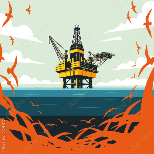 An offshore oil rig stands in the ocean, with birds flying around a stylized illustration of energy production and environmental concerns.