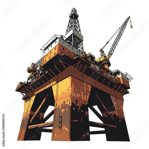 An illustration of an offshore oil rig, showcasing its towering structure and complex machinery against a clean white backdrop, symbolizing energy.