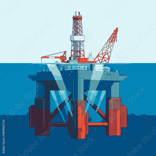 An illustrated view of an offshore oil rig, depicting its structure above and below the water, in a vibrant blue and red color scheme.