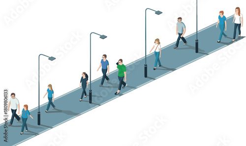 Isometric 3d illustration of people walking on city sidewalk, modern urban lifestyle, pedestrian street, street lamps, daily routine, social activity