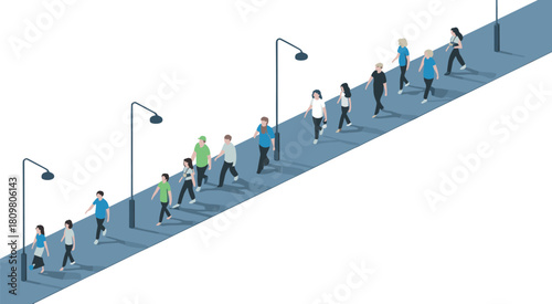 Isometric 3d illustration of people walking on city sidewalk, modern urban lifestyle, pedestrian street, street lamps, daily routine, social activity