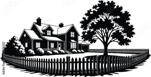 Black and White House with Tree and Fence, Home Ownership and Security