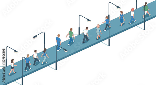 Isometric 3d illustration of people walking on city sidewalk, modern urban lifestyle, pedestrian street, street lamps, daily routine, social activity