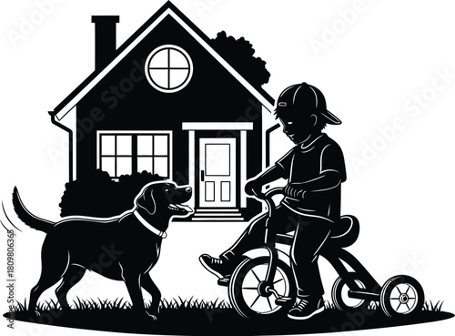 Boy riding tricycle with dog, childhood memories, happy family lifestyle