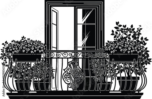 Ornate balcony with open window and flower boxes, vector silhouette