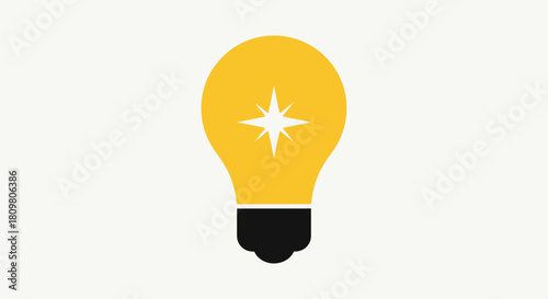 Bright yellow lightbulb icon glowing with starburst, symbolizing creative idea, solution, innovation.
