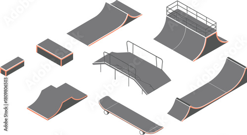 Isometric 3D illustration of skate park ramps and structures including half pipe, quarter pipe, rails, ledges, and fun boxes