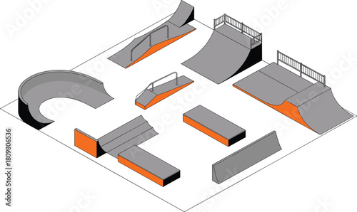 Isometric 3D illustration of skate park ramps and structures including half pipe, quarter pipe, rails, ledges, and fun boxes