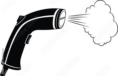 Black garment steamer releasing steam, appliance for ironing clothes