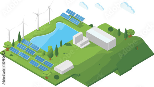 Isometric 3D illustration of sustainable energy landscape with solar panels, wind turbines, water reservoir, and eco-friendly green power station
