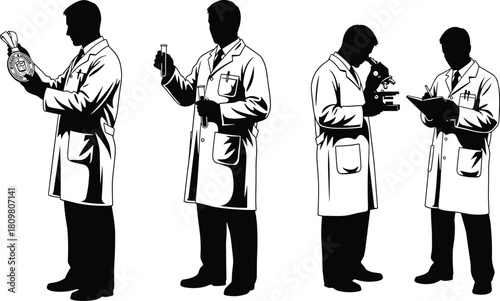 Set of vector silhouettes of scientists in lab coats, conducting research with test tubes, microscope, and clipboard, isolated on white.