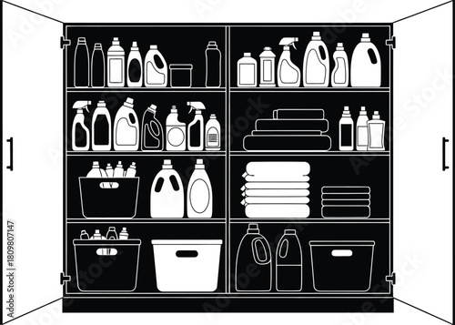 Open pantry with cleaning supplies, detergents, and towels on shelves