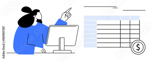 Woman seated at computer pointing to columns in spreadsheet with a money icon. Ideal for finance, accounting, productivity, budgeting, office work, strategy, analytics. Minimalist flat metaphor