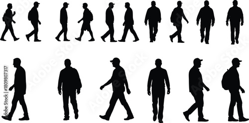 Set of walking men silhouettes, casual male pedestrians with backpacks and caps, side and front view, active people vector collection