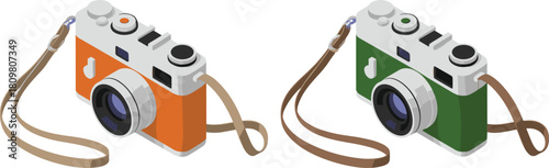 Isometric 3D illustration of two vintage retro cameras with leather straps, modern photography equipment concept for creative design