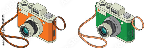 Isometric 3D illustration of two vintage retro cameras with leather straps, modern photography equipment concept for creative design