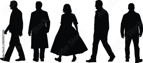 Set of walking people silhouettes, men in coats and woman in dress, casual street fashion vector illustration isolated on white.