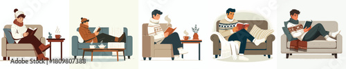 man relaxing reading a book on a winter sofa
