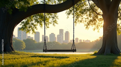 A wooden swing hangs between two trees in a grassy park, with a city skyline and sunset in the background.