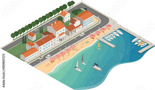 Isometric 3D seaside resort illustration with modern villas, palm trees, beach umbrellas, luxury yachts, and turquoise ocean water for vacation design