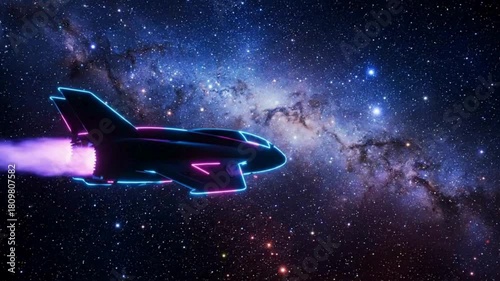 Futuristic spaceship journeys through the vibrant Milky Way galaxy with glowing neon lights.