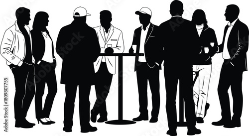 Silhouette vector illustration of people group talking at party, business networki friends standing around table drinking, social gathering, black and white