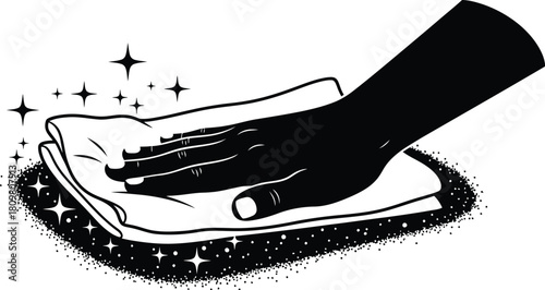 Hand wiping with cloth, cleaning and shining with stars, vector illustration