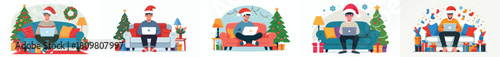 man relaxing with laptop on sofa during winter