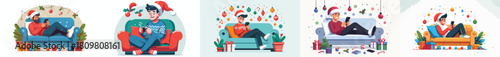 man relaxing with gadget on sofa during winter