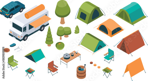 Isometric camping equipment and outdoor adventure illustration with tents, camper van, trees, chairs, cooking gear, and travel vehicle for summer trip