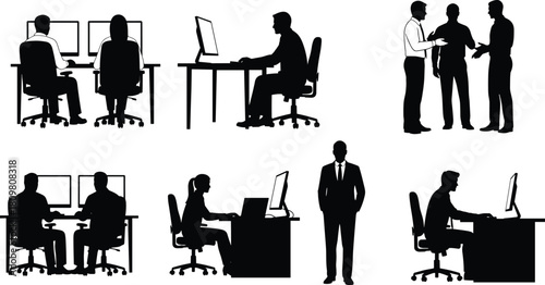 Set of office worker silhouettes, people sitting at computer desks and stan discussion, vector illustration collection, workplace scenes