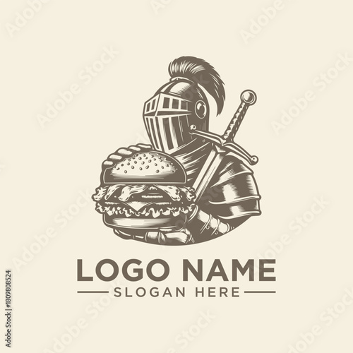 Medieval warrior knight mascot holding a burger, a vintage food restaurant vector logo design 86