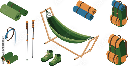Isometric camping equipment illustration showing hammock, backpacks, sleeping mats, hiking boots, and trekking poles for outdoor adventure travel design