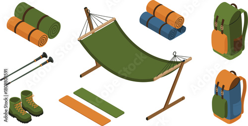 Isometric camping equipment illustration showing hammock, backpacks, sleeping mats, hiking boots, and trekking poles for outdoor adventure travel design