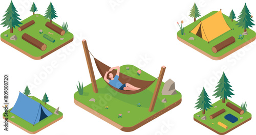 Isometric camping illustration with man relaxing in hammock between trees, surrounded by tents, logs, and forest nature landscape design