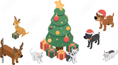 Isometric Christmas illustration featuring cats, dogs, reindeer, and festive gifts around a decorated Christmas tree in winter holiday theme