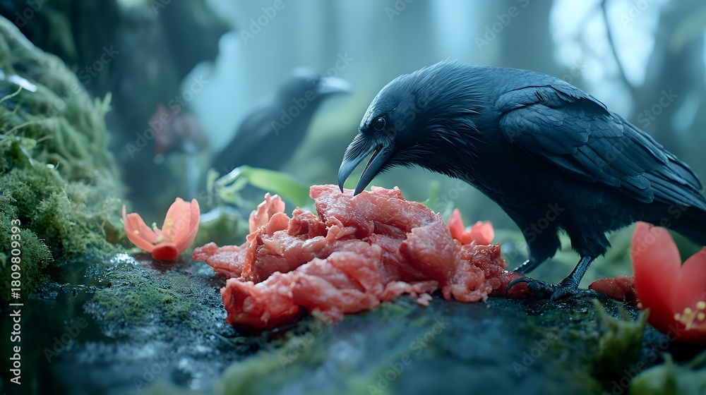 Fototapeta premium Ravens feasting on meat in enchanted forest setting with red flowers