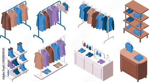 Isometric clothing store interior with hanging shirts, folded garments, shoes, display racks, and retail fashion shop furniture illustration for design